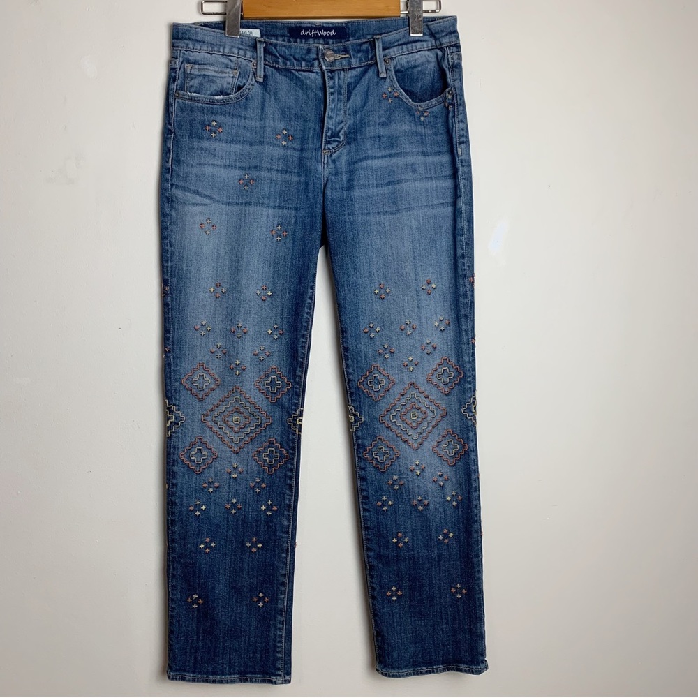 Driftwood Taylor Embroidered Mid Rise Boyfriend Jean Southwestern Geometric Sz28